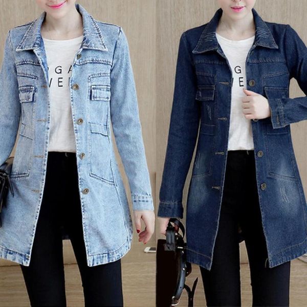 

women's jackets turn-dwon collar flap pockets women denim jacket shrink resistant irregular hem long streetwear, Black;brown