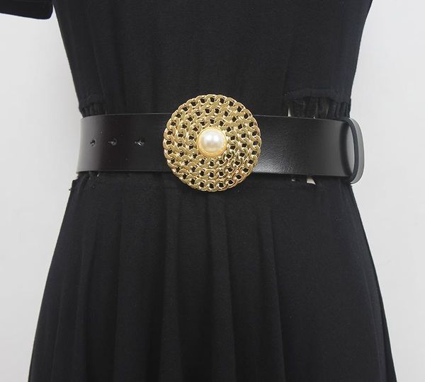 

belts women's runway fashion gold buckle genuine leather cummerbunds female dress corsets waistband decoration wide belt r747, Black;brown