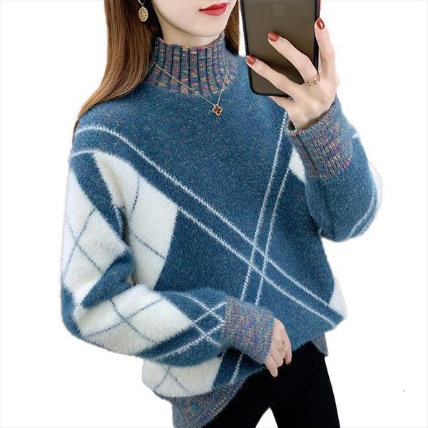 

colorblock imitation mink velvet pullover women sweaters autumn winter clothes half turtleneck jumper female, White;black