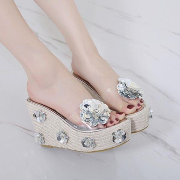 

2021 new wedges heel women sandals sequin slippers women, Black