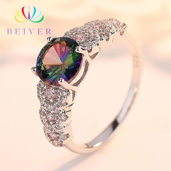

cluster rings beiver luxury cz crystal colorful for women round cut vintage purple zircon design multicolor ring party jewelry gift, Golden;silver