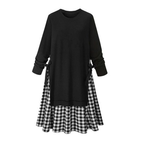 

casual dresses autumn large size women dress patchwork ribbon loose long vintage spring fashion sleeve oversize female j671, Black;gray