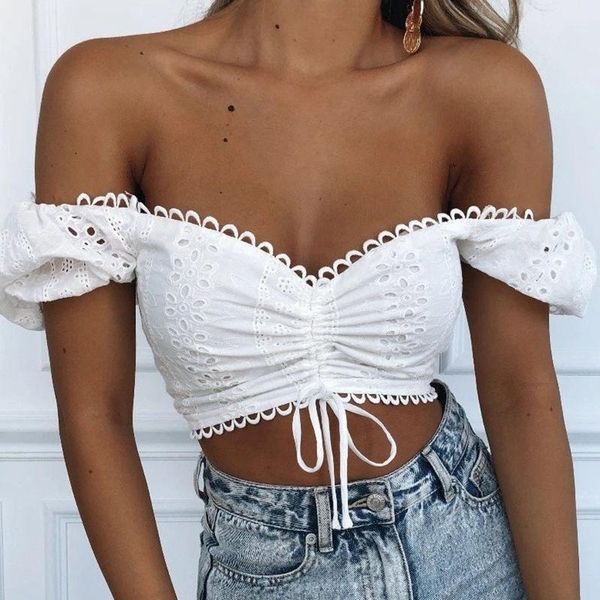 

women's t-shirt women summer off shoulder hollow out lace up chest vest short sleeve white tee shirt boho streetwear vacation