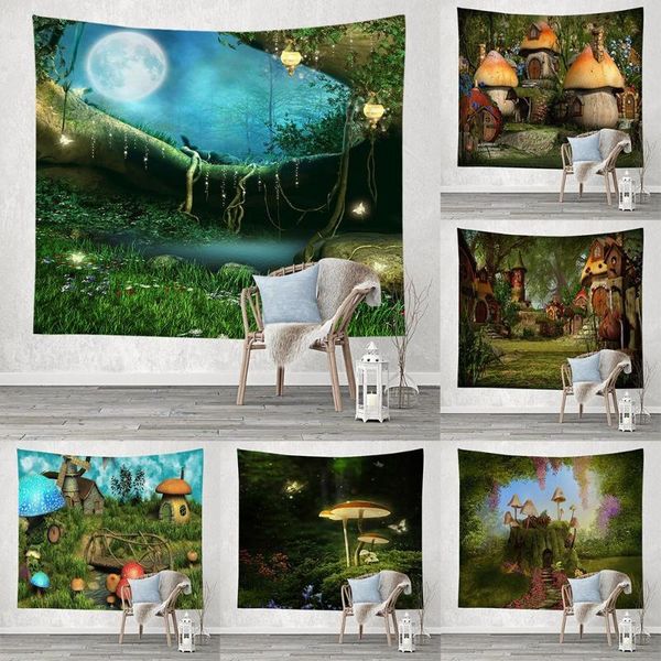 

tapestries mushroom castle tapestry mysterious forest tree fantasy fairy tale wall hanging for bedroom decor