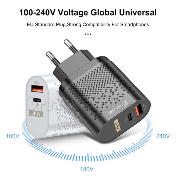 QC3.0 PD Schnellladegerät 20 W Typ C USB Schnellladeadapter Dual Ports Telefon Wandladegeräte mit US EU UK Stecker für iPhone 12 13 Samsung Huawei Hohe Qualität