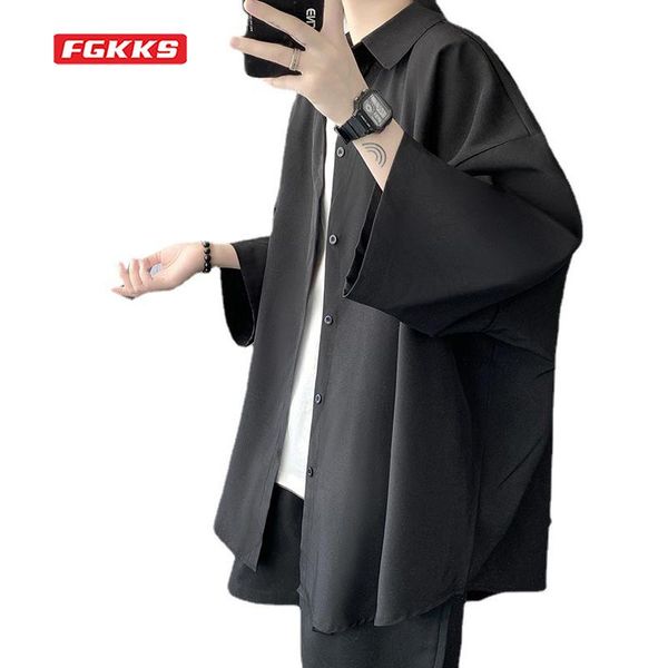 

men's casual shirts fgkks summer shirt korean version of the trend handsome five-point sleeve japanese ice silk short-sleeved, White;black