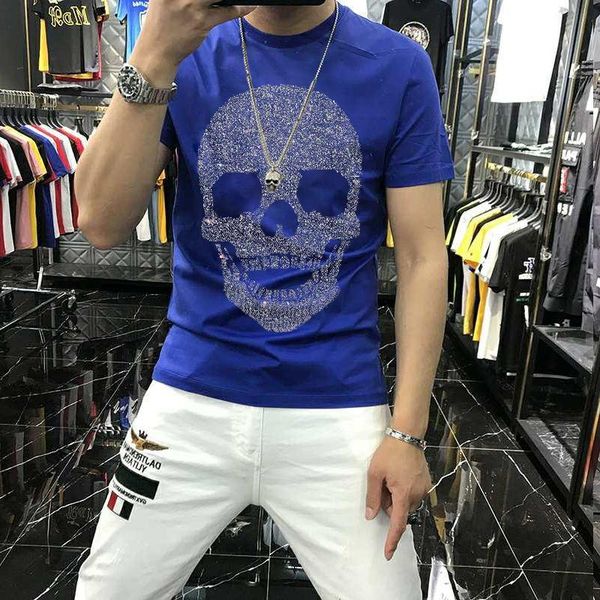 

men's t-shirts 2021 brand t-shirt street slim o neck short sleeve hip-hop black and white luxury skull drilling, White;black