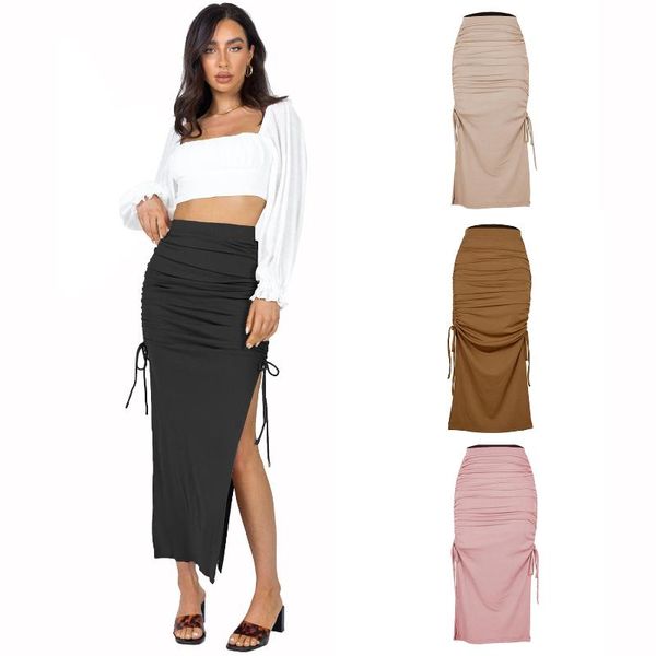 

skirts summer woman thread side drawstring elastic pleated y2k long skirt slim adjustable streetwear autumn, Black