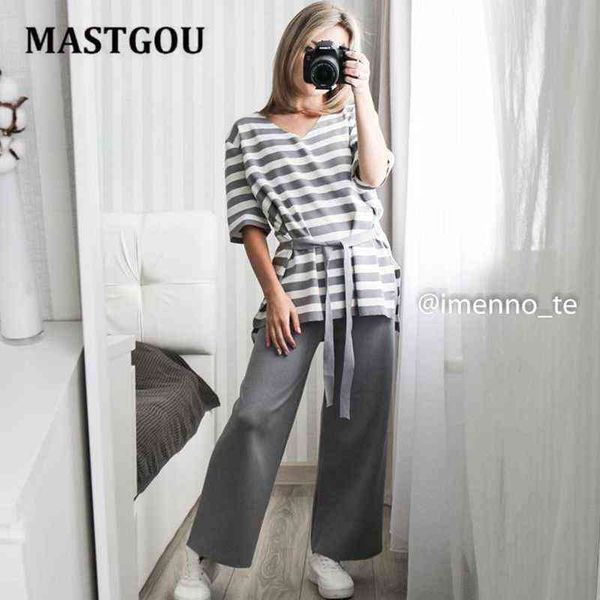 

mastgou autumn summer compus striped women tracksuits v neck women sweater with belt + wide leg straight pant suits 2 piece sets 211118, White