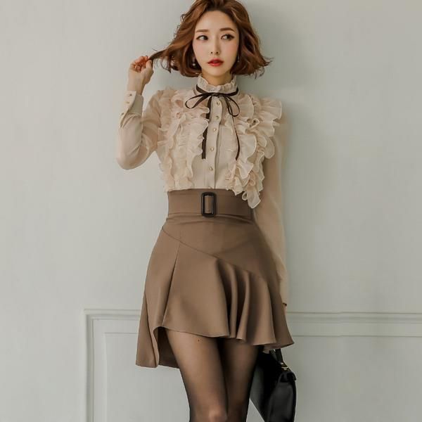 

2021 women asymmetric printing long sleeves shirt brown pu leather skirt set 2021 summer office lady 2 piece set clothing, Gray