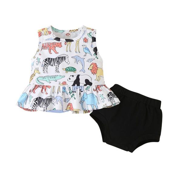 

clothing sets pudcoco born baby girls 2pcs summer outfits, short sleeve/sleeveless ruffle print + elastic waist shorts set, White