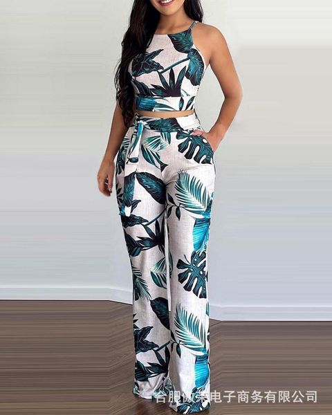

women's two piece pants floral print two-piece sleeveless and trousers suit, tight-fitting suspender suit, White