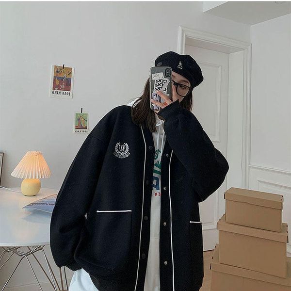 

women's jackets cardigan women autumn-winter loose korean plus velvet padded sweater female lethargic style v-neck embroidered trend to, Black;brown