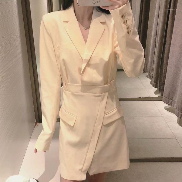 

casual dresses women 's 2021 fall pure color temperament high-level sense of waist lapel long-sleeved pocket blazer -style dress, Black;gray