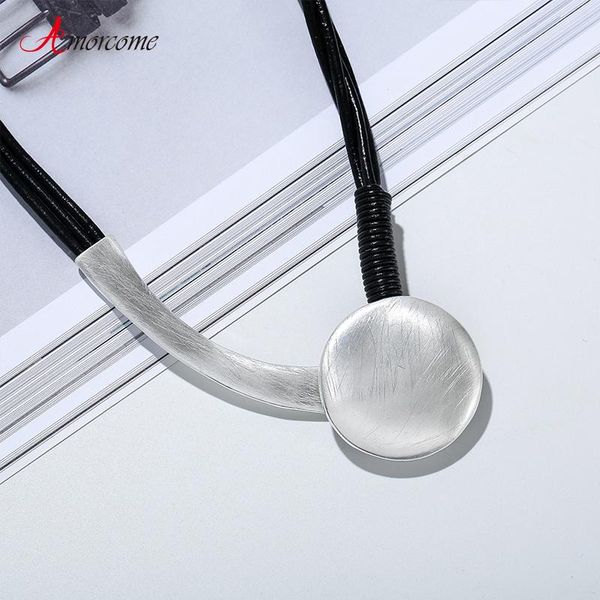

chokers amorcome unique design big round metal necklace women fashion jewelry black rope pendant leather collar collier femme, Golden;silver