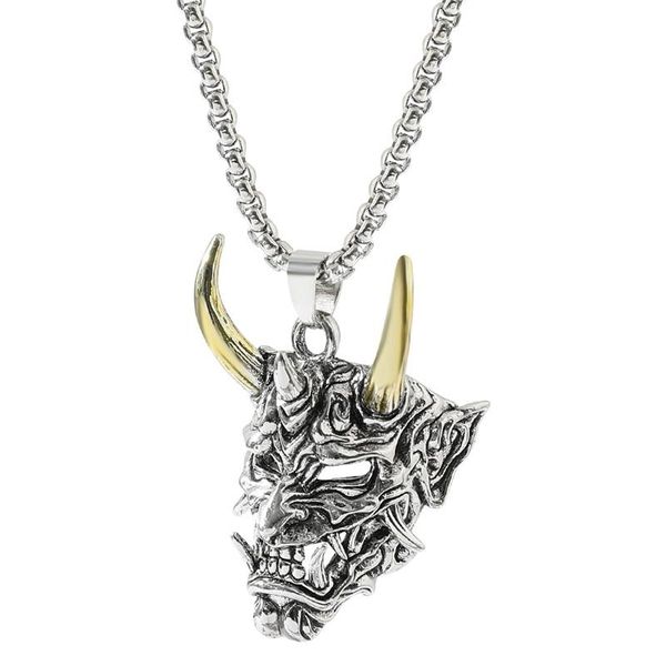 

pendant necklaces retro golden horn prajna men's ghost mask necklace punk hip hop nightclub samurai skull cool sweater chain jewelry, Silver