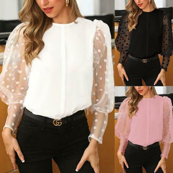 

women transparent blouses ofiice ladies elegant white blouse polka dot mesh regular lantern long sleeve o neck ladies shirt blouse
