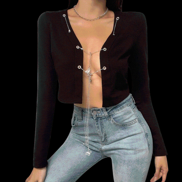 

women's jackets slim cropped cardigan with iron chain butterfly abstinence girl long-sleeved wearing jacket inside and outside, Black;brown