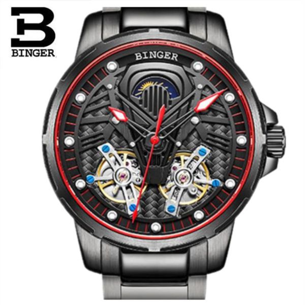

wristwatches binger men mechanical watch automatic 50m waterproof sports moon phase wristwatch montre homme skeleton clock, Slivery;brown