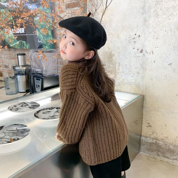 

pullover 2021 autumn girls' vintage coarse wool sweater baby cardigan toddler knitted, Blue