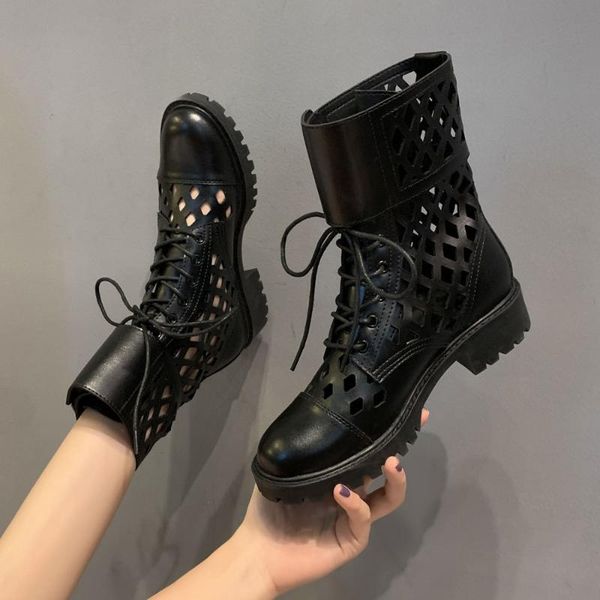 

2021 summer new short boots women's british style chunky heel roman shoes hollow breathable sandal boots, Black
