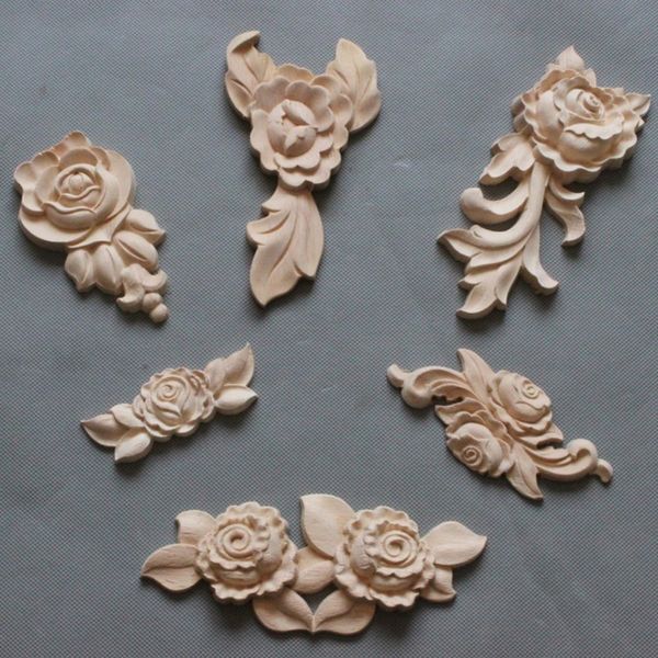 

1pc new flower wood carving natural wood appliques for furniture cabinet unpainted wooden mouldings decal decorative figurine c0220