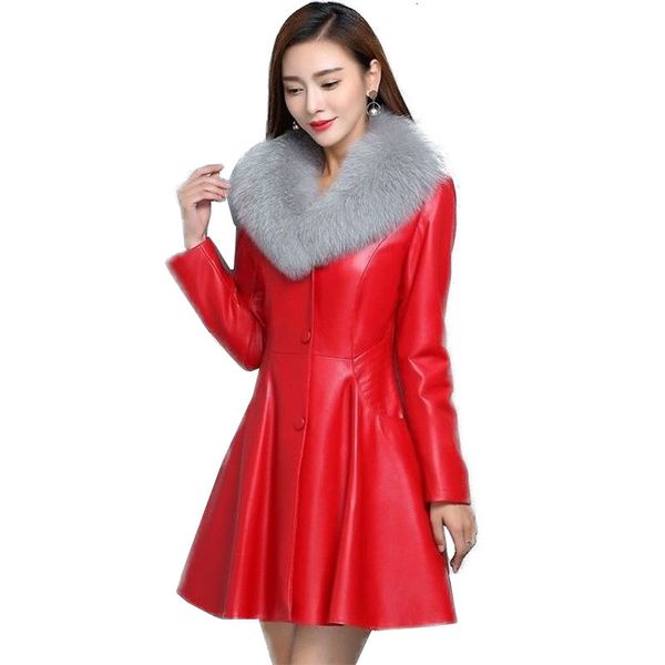 

2021 new of plutonium for the winter lean fur collar large female long leather jacket outerwear more size 5xlb622 ogdn, Black