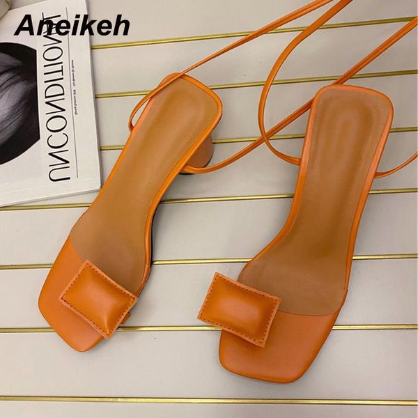 

aneikeh 2021 new fashion shoes pu thong sandals women's summer peep toe open party classics solid ankle strap lace-up classics, Black