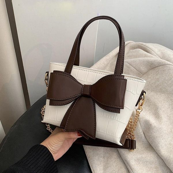 

cross body women's bucket tote bag 2021 crocodile pattern bow designer handbag fashion chain shoulder messenger lady retro black clutch