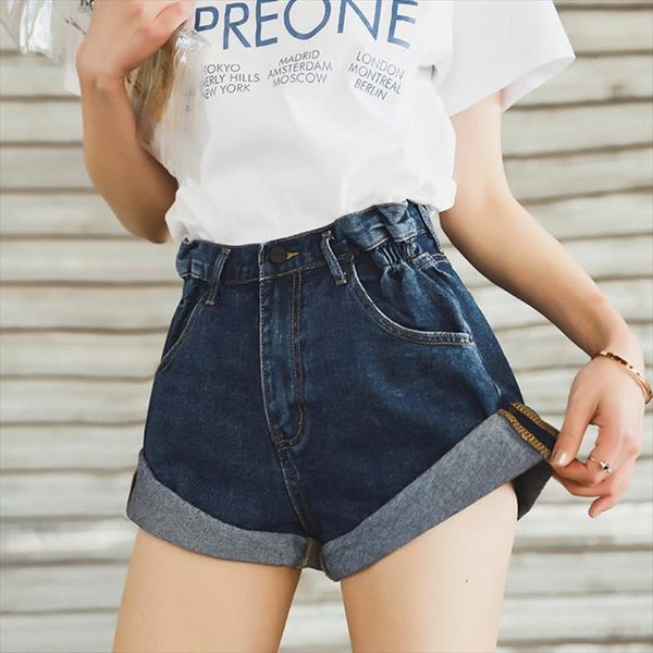 

vintage denim rolled high waist womens shorts pocket summer beach streetwear femme, White;black