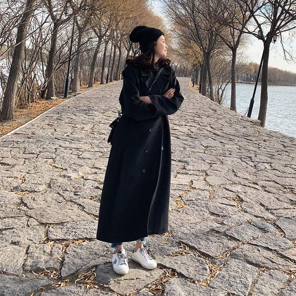 

women's wool & blends 2021 women autumn winter long sleeve loose jacket coat double breasted woolen fashion overcoat outwear w807, Black