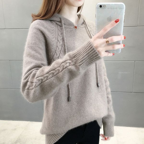 

women's hoodies & sweatshirts autumn of knitted women's pullovers long sleeve cotton neck with hoodie female casual korean jumper, Black