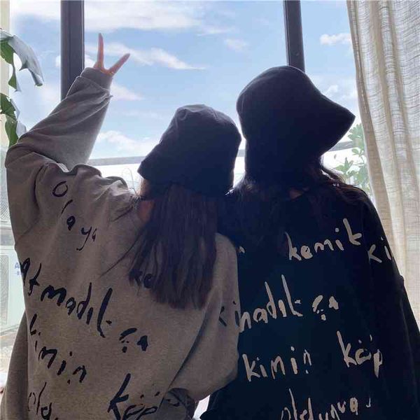 

women's hip-hop wind down clothes missing autumn korean 2021 new graffiti letter loose long sleeve top, Black