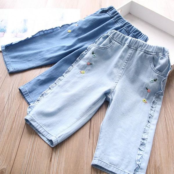 

jeans 2021 spring girl flower embroidered lace, Blue