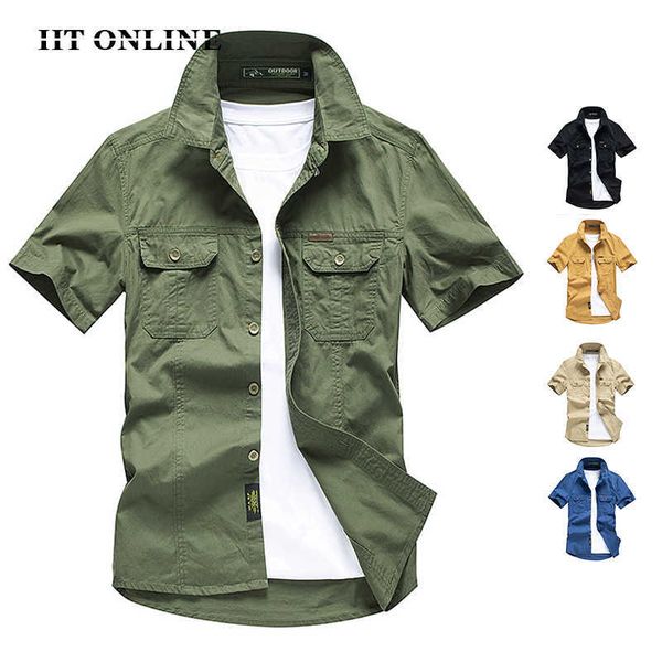 

mens military shirts casual short sleeve 100% cotton slim fit cargo shirt men summer trendy chest pocket business lapel shirt 210603, White;black