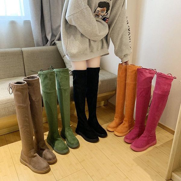 

boots fashion over the knee women stretch orange green pink winter slip on platform rubber black boot