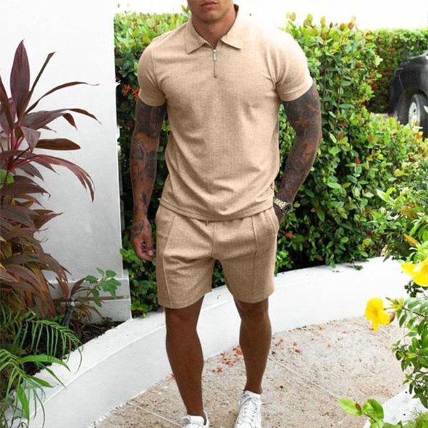 

men's tracksuits cotton zipper short sleeve shirt shorts 2-piece set 2021 summer lapel pure color brandlogo business casual sportswear, Gray