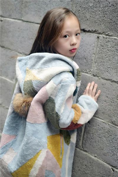 

women's fur & faux winter coat children's sheep cut-out medium-long girls coats wool jacket boy's jk1005, Black