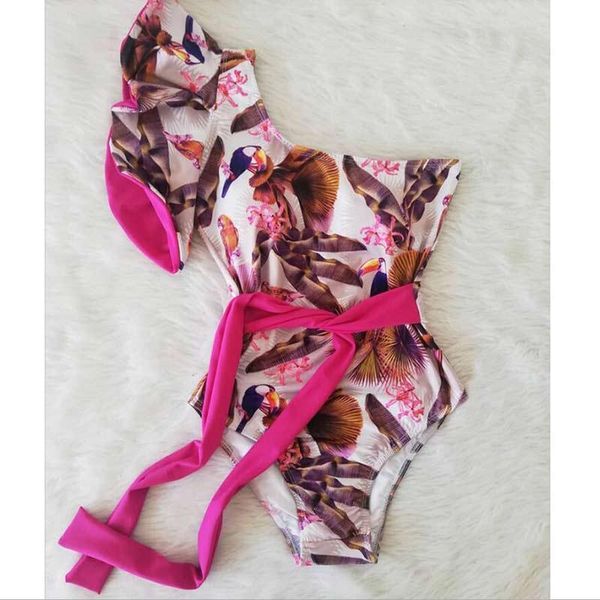 

coobbu one shoulder ruffle swimsuit women print swimwear push up bathing suit bandage monokini one-piece suits