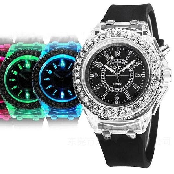 

wristwatches gnova platinum big dial women watch geneva style flashing led black light fashion wristwatch rhinestone silicone crystal clock, Slivery;brown