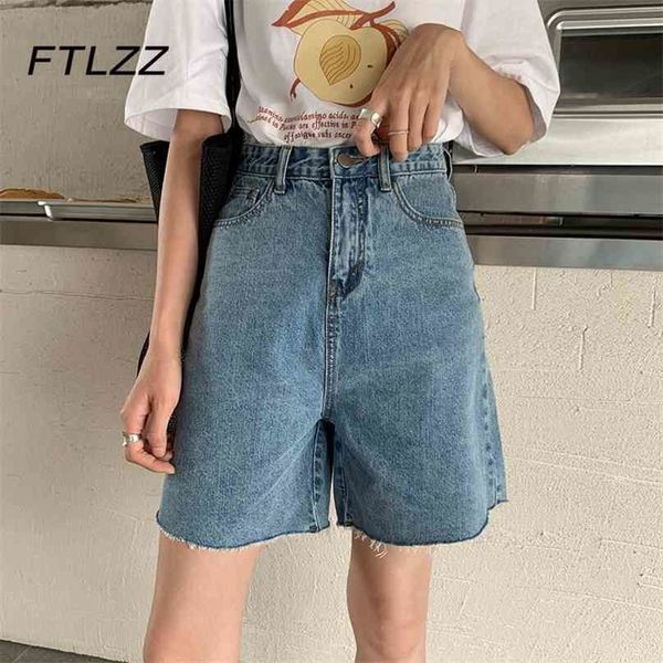 

woman streetwear style blue high waist straight denim shorts summer loose casual wide-leg pants knee length 210525