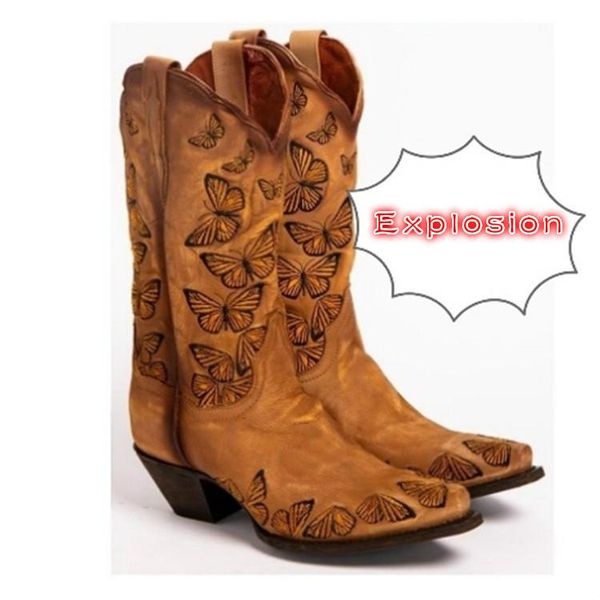 

boots women's mid-calf retro western cowboy shoes pointed toe pull on b195, Black