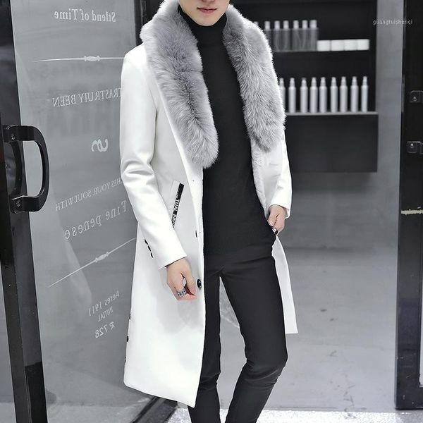 

men's fur & faux with thick warm winter long male over-the-knee black add wool dust coat youth heavy hair collar pu