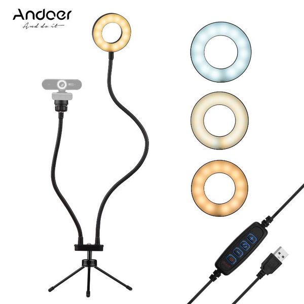 

andoer led ring light 3 colors 3800k-6800k brightness dimmable with adjustable stand 1/4 mount adapter tripod for video lighting