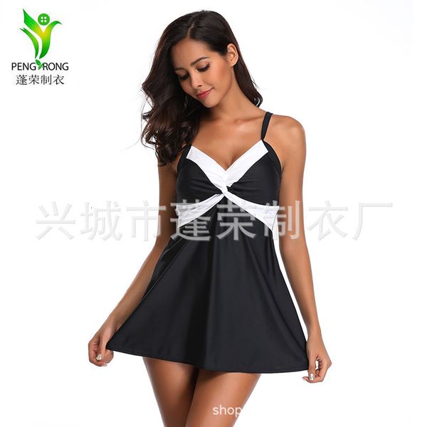 

new skirt solid color splicing women's 2020 fattening swimsuit, White;black