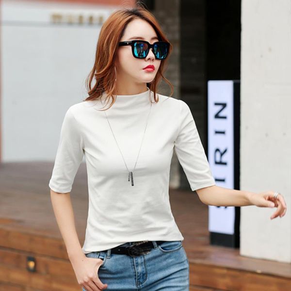 

women half sleeve t shirt black white summer tee shirts 2021 turtleneck autumn female tshirt slim fit women t-shirt 3xl