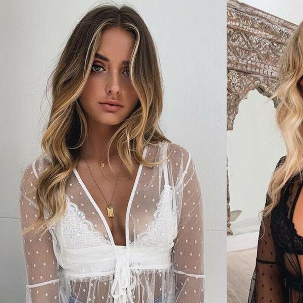 

women summer lace crochet blouses perspective long sleeve v neck crop blouses women girl clothes, White