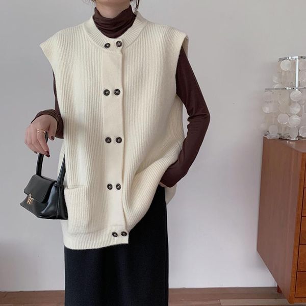

women's knits & tees minimalism pocket thicken vest sweater jacket autumn korean loose black sleeveless double-breasted knitted cardiga, White