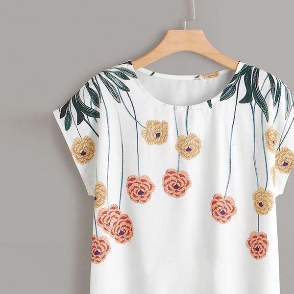 

plus size summer fashion floral print blouse casual o neck loose tee female womens short sleeve shirt blusas, White