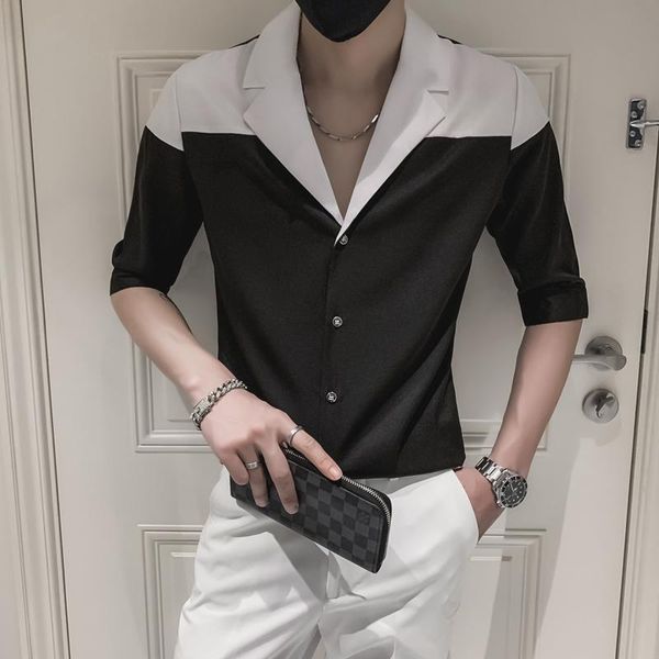 

men's casual shirts summer half sleeve slim fit single breasted shirt fashion male turn-down collar h34, White;black